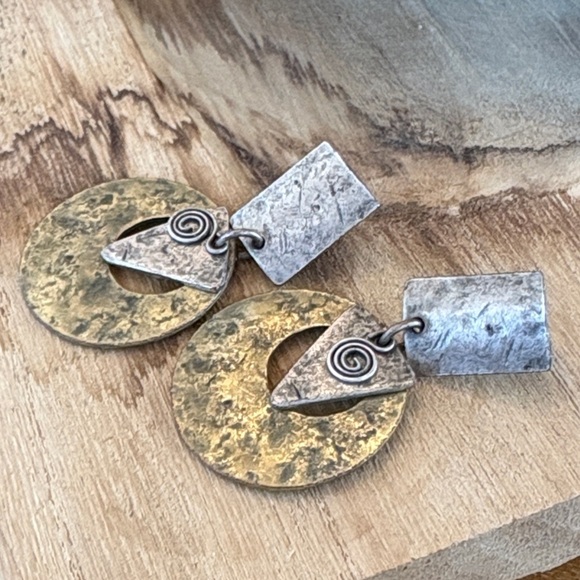 Artisan Gold and Silver Geometric Earrings - Picture 2 of 4